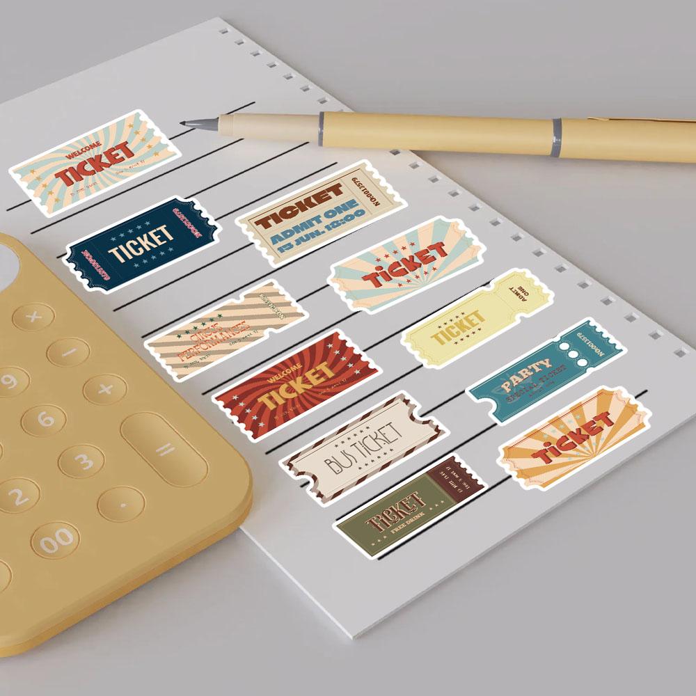 50PCS Vintage Ticket Stub Sticker Harajuku Laptop Waterproof Decoration Luggage Desktop Computer Suitable Notebook Stickers