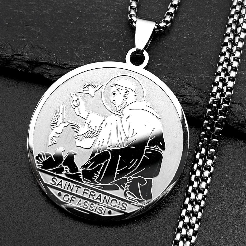 SAINT FRANCIS OF ASSISI PROTECTOR OF ANIMALS Pendant Necklace for Women Men Stainless Steel Christian Church Medal Jewelry Gift
