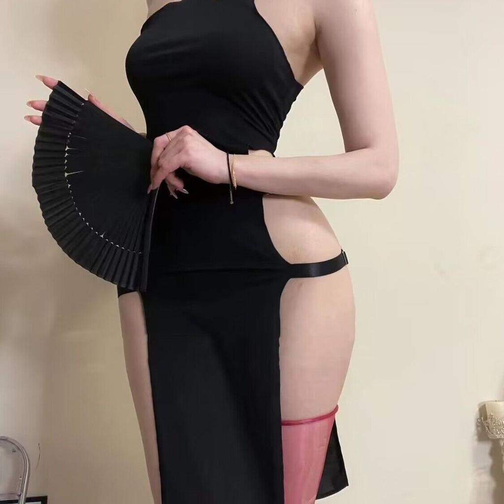 Sexy cuello halter elástico cintura alta doble abertura cheongsam con tirantes cadera vestido largo ajustado fino
