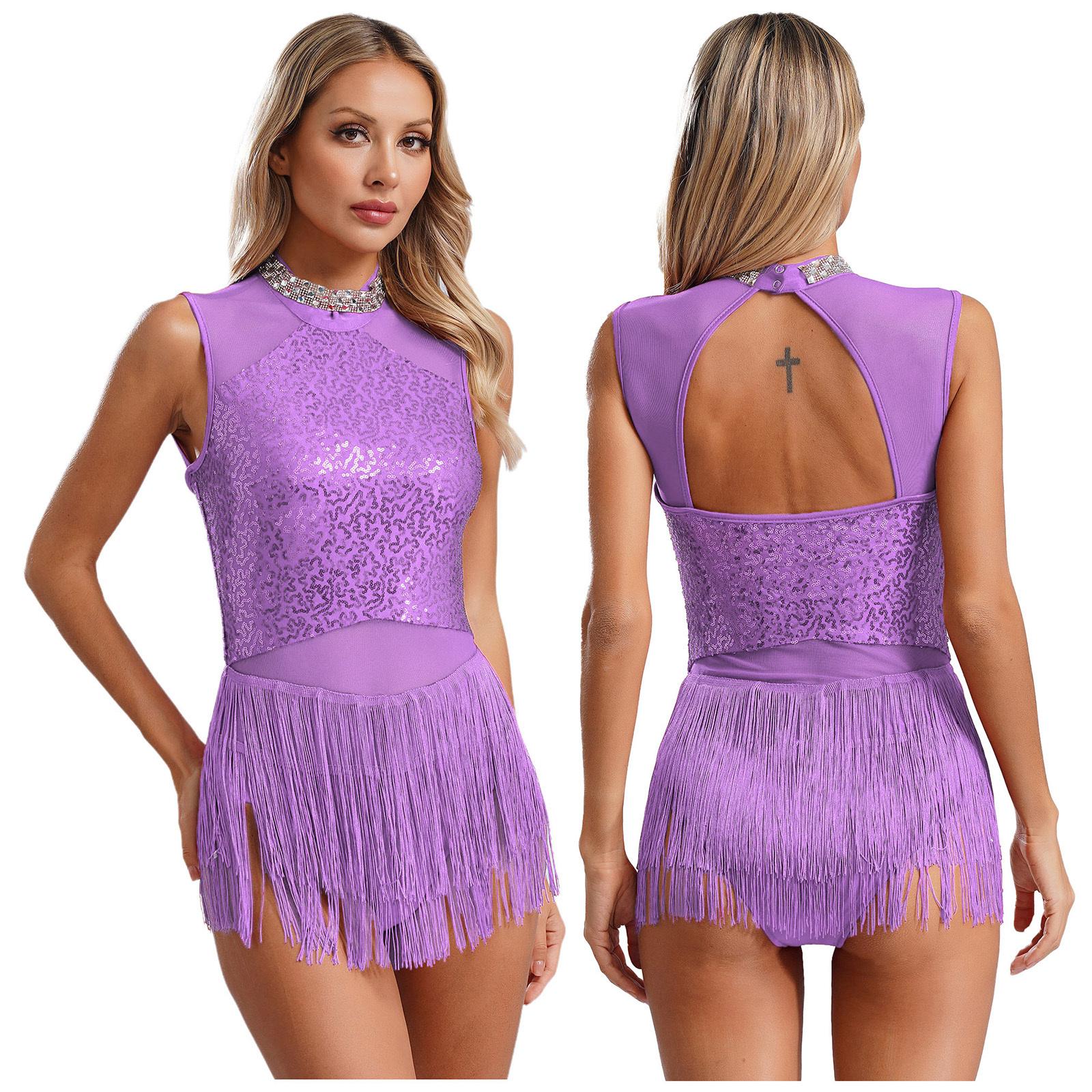 

Женский купальник с блестками и кисточками для латинских джазовых танцев, боди с перекрещенной спиной, лирический танцевальный костюм S фиолетовый