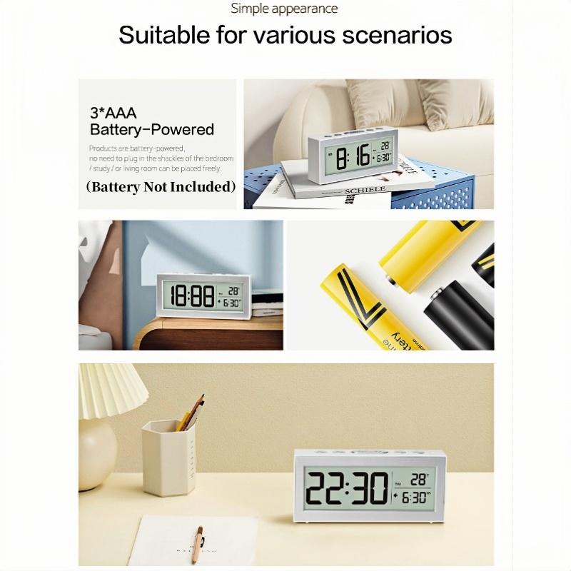 Battery Powered Digital Alarm Clock TEMP Date Backlight Night-light Unlimited Snooze Table Clock 12/24H Auto Dimmable LCD Clock