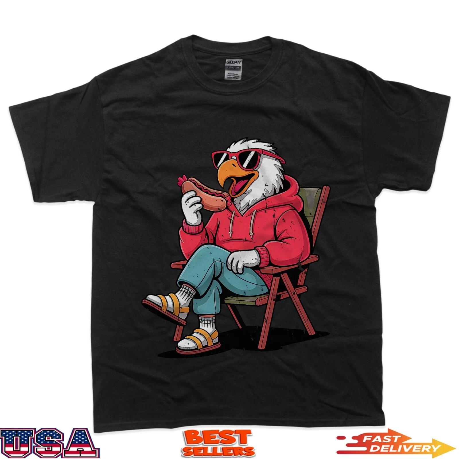 Patriotic Eagle Cartoon with Hot Dog for 4th of July Fun T-Shirt 4XL