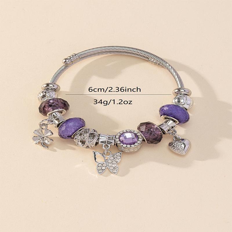 Handmade Beaded Bracelet With Crystal Beads Alloy Leaf Butterfly Pendant And Sparkling Rhinestone Charm