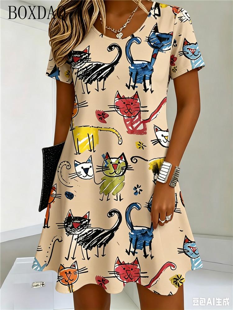Fun and Cute Cat Print Round Neck Short Sleeved Loose Fit Summer Women's A-Line Dress
