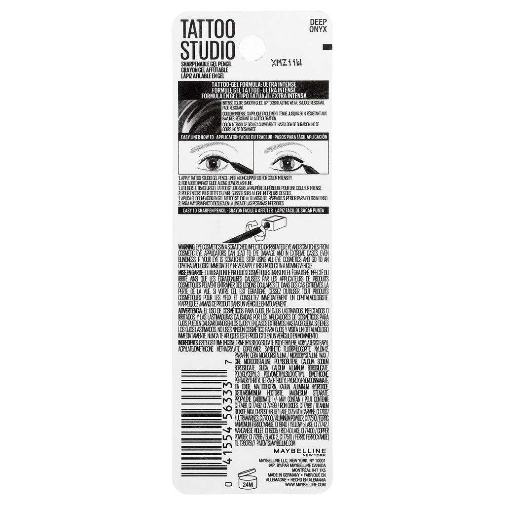 Maybelline Tattoo Studio, Eyeliner, Sharpenable Gel Pencil, Waterproof, 900 Deep Onyx, 1.2g (0.04oz)