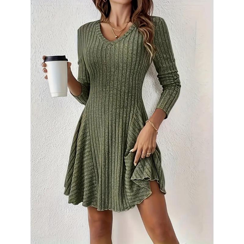 2025 Spring Autumn Knitted V-neck Long Sleeve Sweater Dress Elegant Slim Fit Women Casual Simple A-line Short Dress Fashion Solid Color Party Clothing