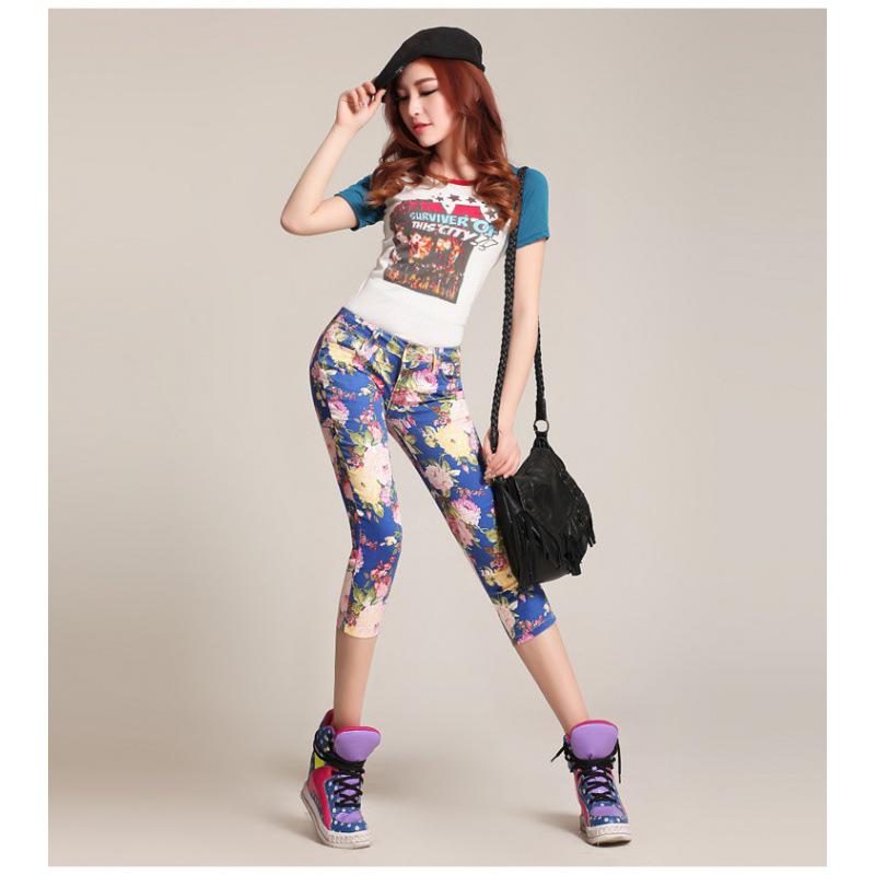 Women's Slim-Fit Printed Cotton Pencil Pants, Mid-Waist, Elastic, Urban Style