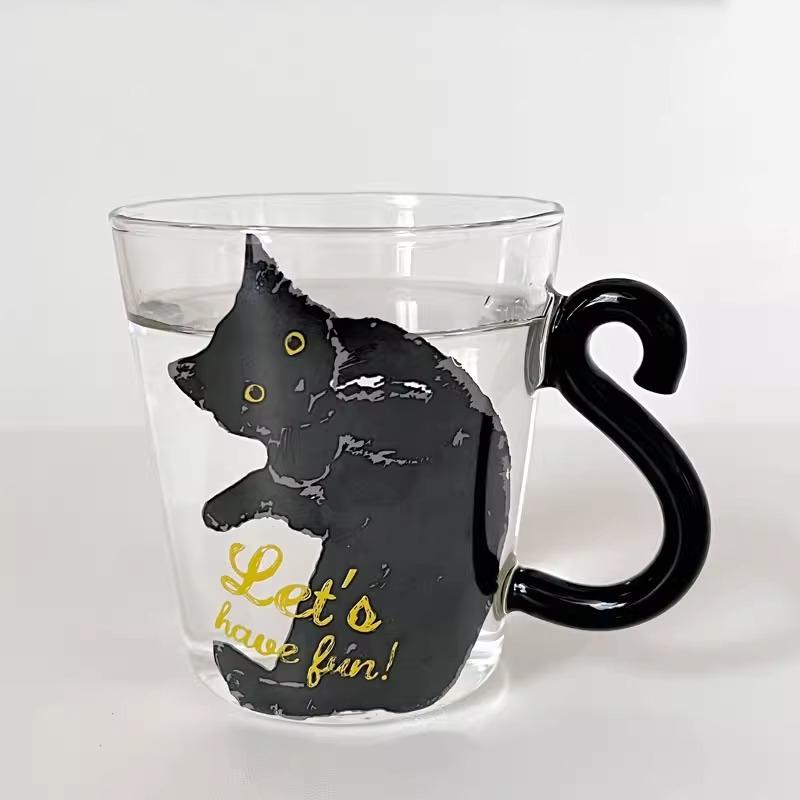 Japan Style 300ML Cute Cat Glass Water Cup Milk Tea Tea Cup Kitty Coffee Mug with Cat Tail Handle Drinkware