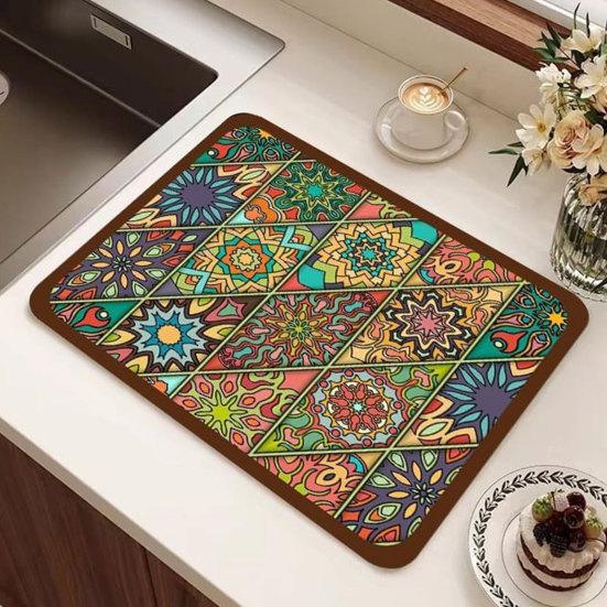huaqianguhh Bohemian Dish Drying Mat, Super Absorbent Diatomaceous Earth Drainer Non-Slip Colorful Ethnic Heat Insulation Mat for Kitchen Counter