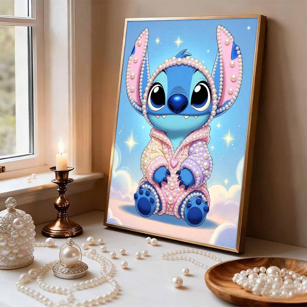 Lilo and Stitch Q Version Macaron Pajamas Pearl Painting Disney Pearl Decorated Ears Clouds Starry Sky Frameless Art Painting