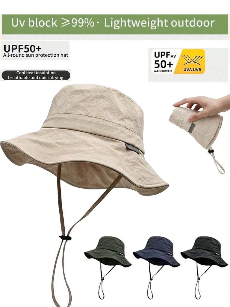 Outdoor Hiking Unisex Lightweight Waterproof Foldable Wide Brim Bucket Hat With Drawstring (Drawstring Color Sent Randomly)