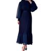 A-Line Evening Dress for Women with Pleated See-through Mesh Lantern Sleeves Stand Collar Tight Waist Ruffle Patchwork Long Maxi Dress