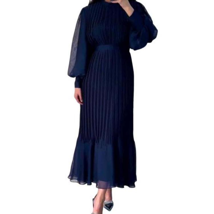 A-Line Evening Dress for Women with Pleated See-through Mesh Lantern Sleeves Stand Collar Tight Waist Ruffle Patchwork Long Maxi Dress