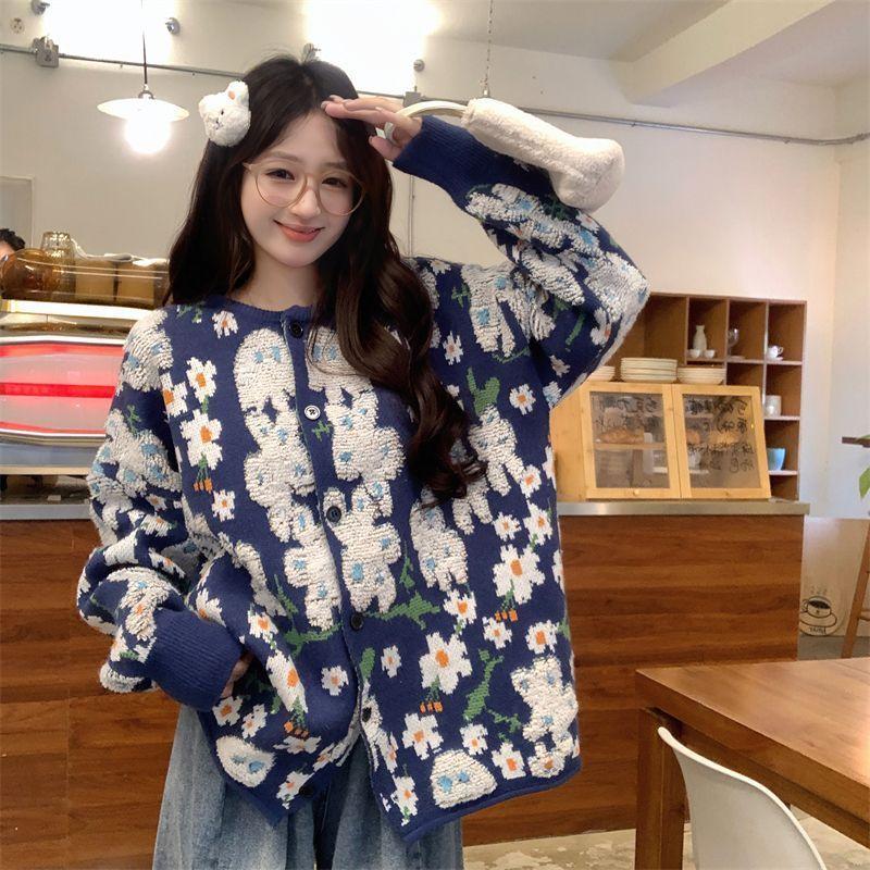 

Большой размер женский осень и зима новый кардиган, длинный рукав цветочный свитер модные свободные модели свитер трикотаж 2XL recommends 125-67.5 kg синий