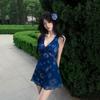 Retro Printed V-neck Vest Dress Women's Summer New Temperament Waist Thin Holiday Style A-word Short Skirt