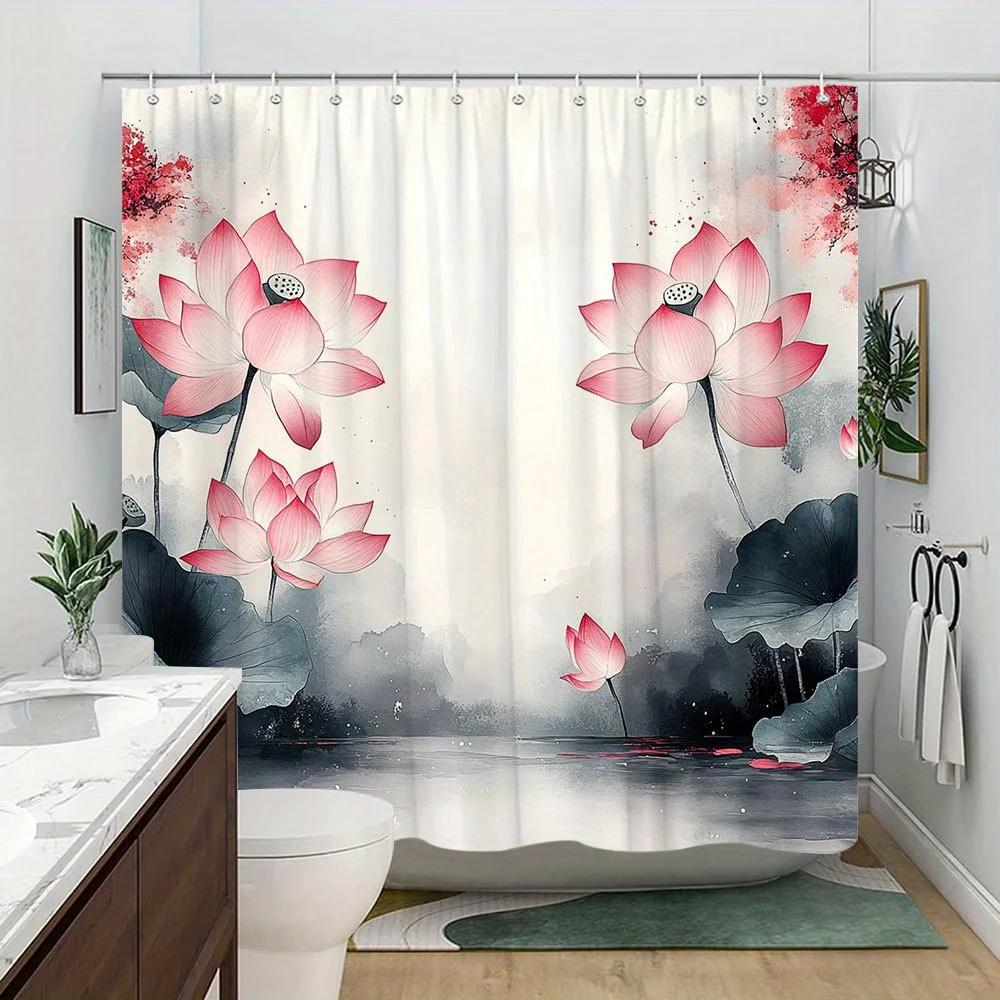 Tranquil Pink Lotus Watercolor Shower Curtain - Serene East Asian Design, Misty Landscape, 12 Hooks, Calming Bath Decor