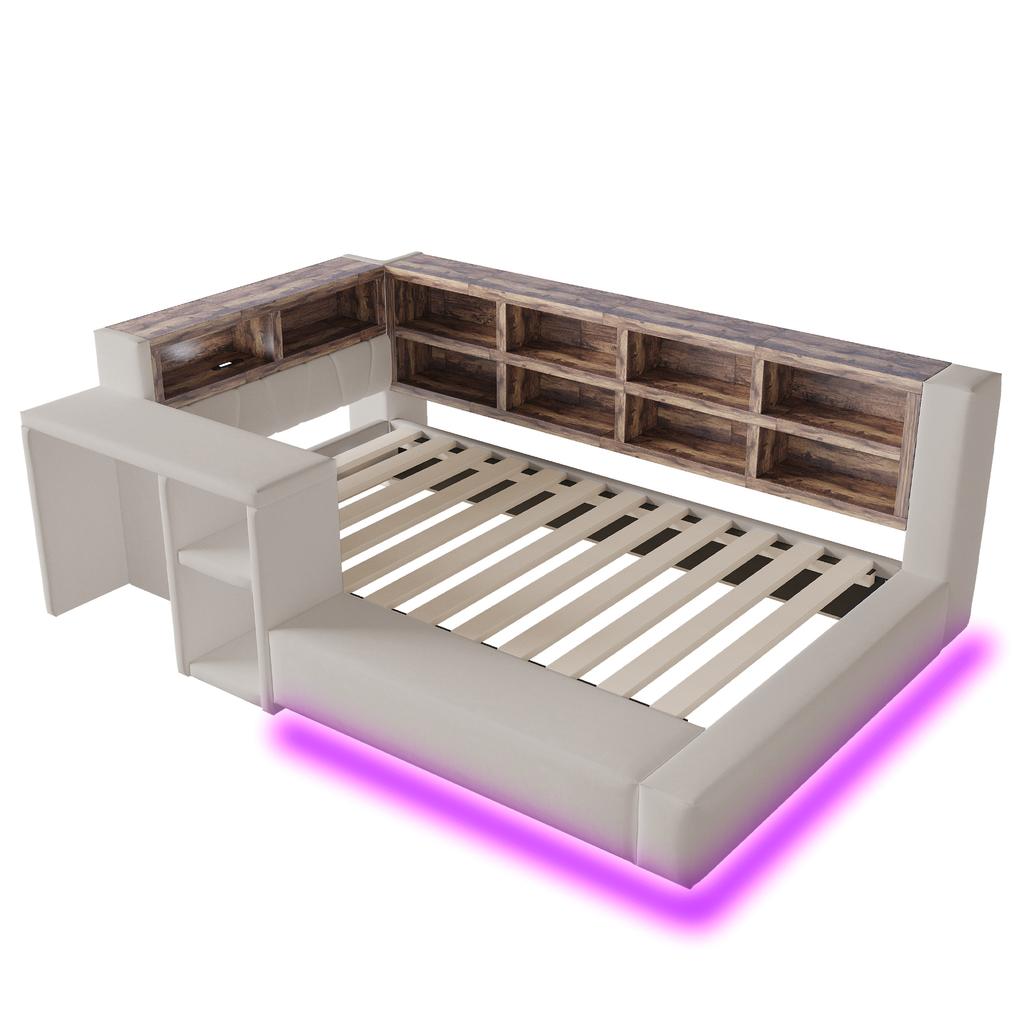 Upholstered Bed 90 X 200 Cm, Multi-Level Storage Compartments, LED Lighting, Integrated Sockets Headboard, Side Table, Padded Backrest, Light Grey