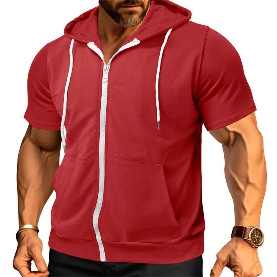 Men's Zip-up Hooded T-Shirt Summer Short Sleeve Hoodie Tee Solid Color Full Zipper Tee Shirt with Pockets for Daily Sports Street Gym