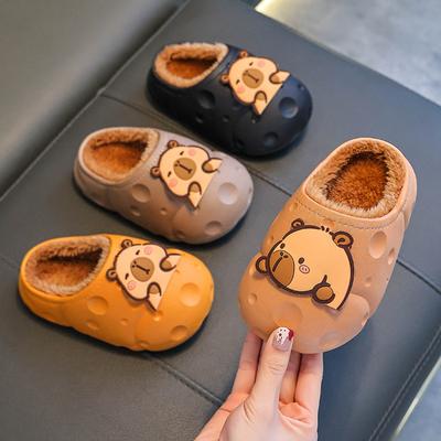 Herbst- und Winter-Kinderbaumwollpantoffeln für Jungen und Mädchen, warm und plüschig, wasserdicht, Taschen für mittelgroße und große Kinder mit Baumwollabsätzen