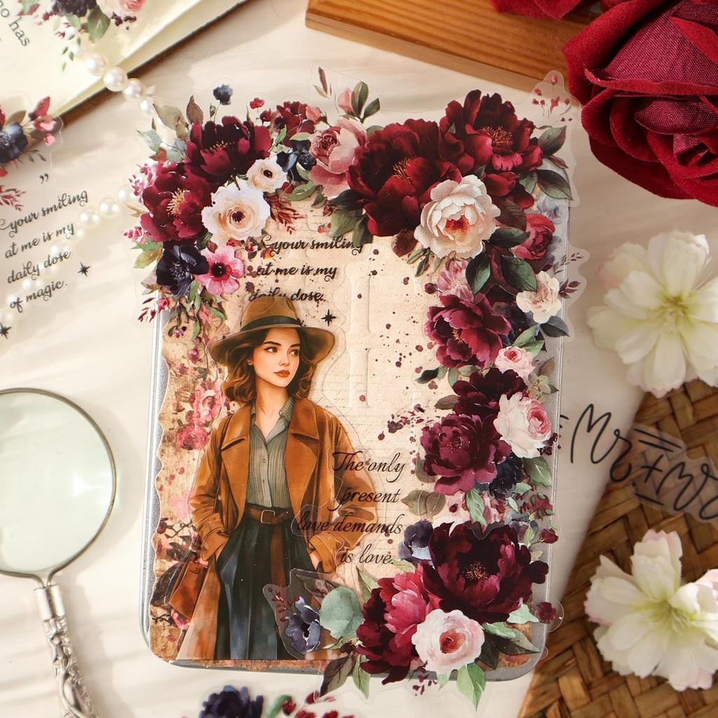 Kigofora Collage Material Flower Set of 90 PET Transparent Flake Watercolor for Diary and Gift Wrapping 6, Sheets, Stickers, Style, Stylish,