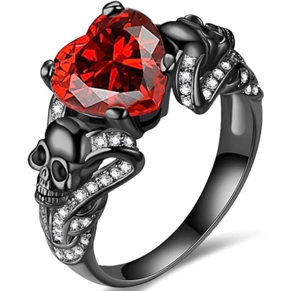 Vintage Gothic Skull Rings Heart Cubic Zirconia Crystal Biker Cocktail Party Rings