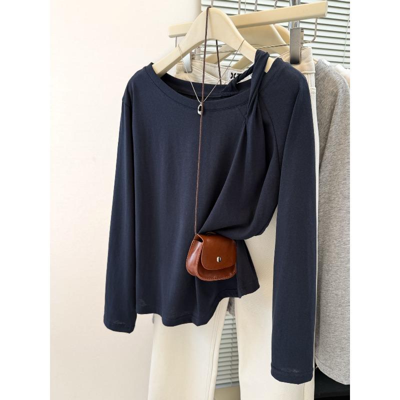 Real shot kinky slanted shoulder off-shoulder long-sleeved T-shirt women's autumn loose cotton outer bottoming shirt top