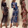 Womens Sheer Mesh Print Long Sleeve Bodycon Dress High Waist Round Neck Slip-On Mini To Maxi Length