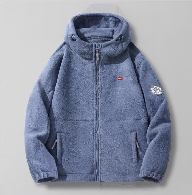 

Norway Fleece-Lined Double-Layer Hooded Jacket with Multi-Pockets - Cold-Resistant & Plus Size Available L озеро синього кольору