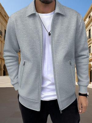 2025 Men's Slim Fit Casual Cardigan Jacket - Spring/Autumn, Zipper Pockets, Lapel Collar, Solid Color