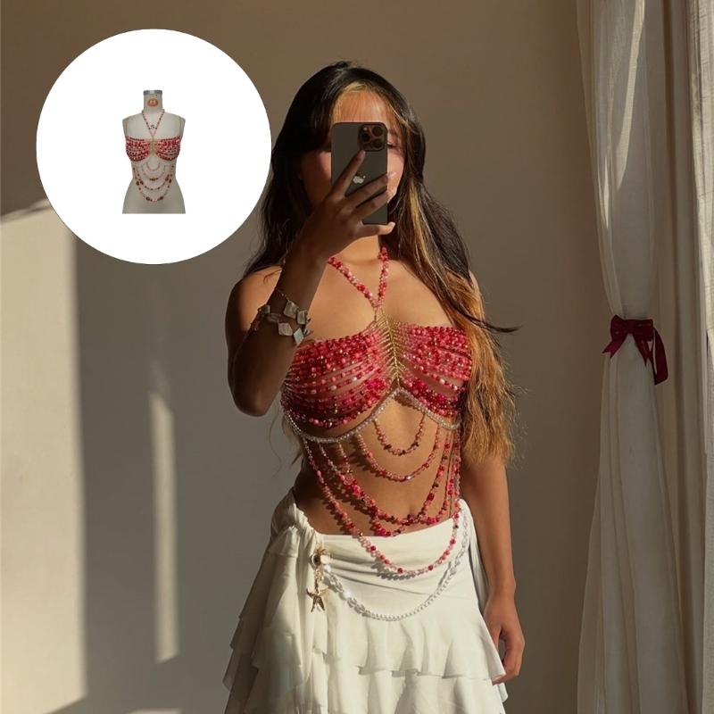 Elegant Red Beaded Body Chain For Women Stylish Statement Jewelry Accessory Perfect For Parties And Weddings