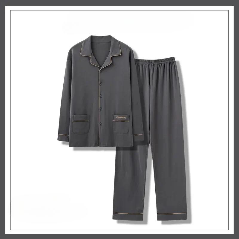 New Winter Men Pajamas Pure Cotton Long Sleeved Sleepwear Spring Autumn Loose Young Middle-aged People V-neck Homewear Set