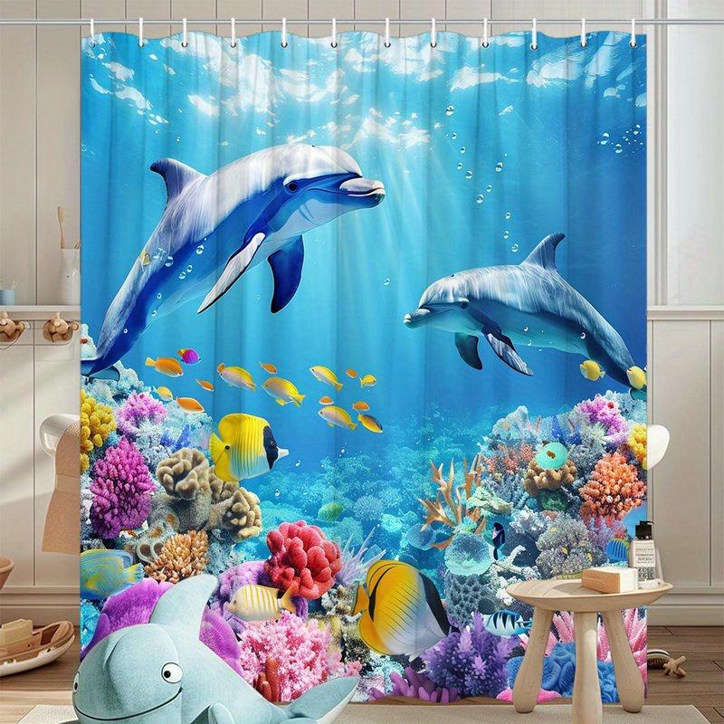 Dolphins Coral Reef Shower Curtain Gray Dolphins Colorful Fish Sunny Ocean Polyester Washable With 12 Hooks For Bathroom Decor
