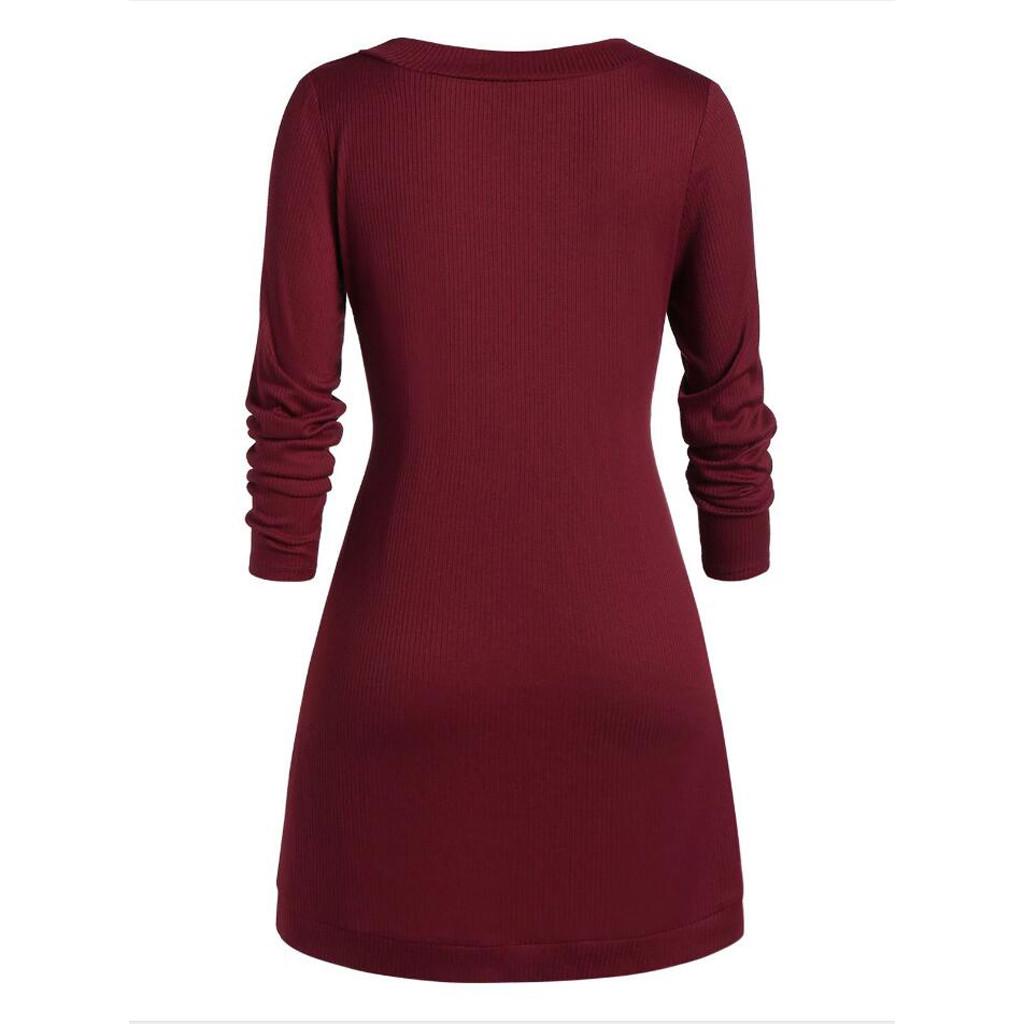 Plus Size Women  Long Sleeve Solid Botton Pachwork Asymmetric Tops Sweater