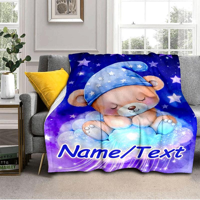 1PC Custom Name "Sleepy Bear Dreamscape" outdooor Flannel blankets Throw Blanket All-Season Throw Gift Bedspread for Couch, Bed, Camping Holiday Birth