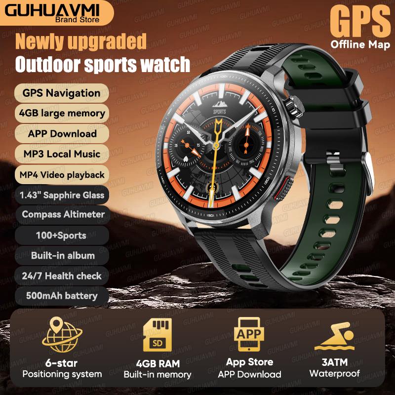 New Outdoor GPS Offline Map Sports Smart Watch Compass Altimeter 4GB Memory Video Music Playback Waterproof Smartwatch Men