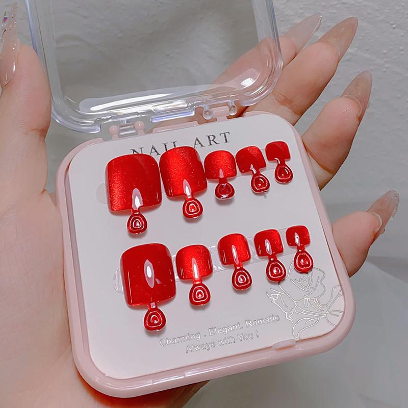 10Pcs/Box  Cat Eye Shining Diamond Toe False Nail Handmade Wearing Armor Short Press On Nails For Toes Faux