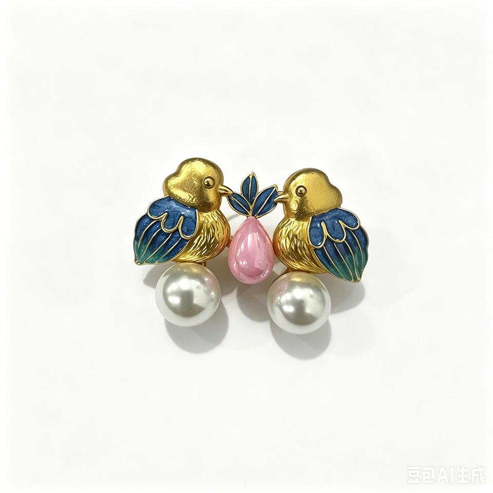 Birds of A Feather Enamel Brooch - Fake Pearl Drop Pendant Pin - Couple's Style Headpiece