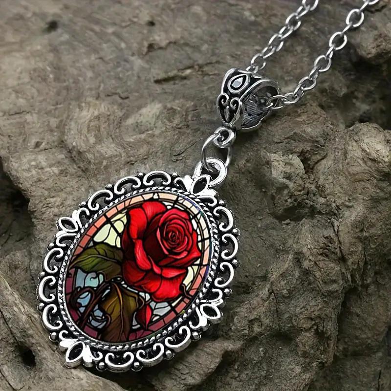 Fashionable and Exquisite Red Flower Pattern Oval Glass Pendant Necklace