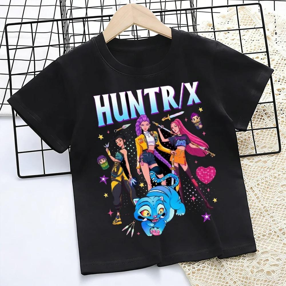

Детская футболка HUNTR/X Охотники на демонов K-pop, Унисекс, с графическим принтом виртуальной айдол-группы, Повседневная футболка с коротким рукавом, 100% хлопок, для детей 4XL