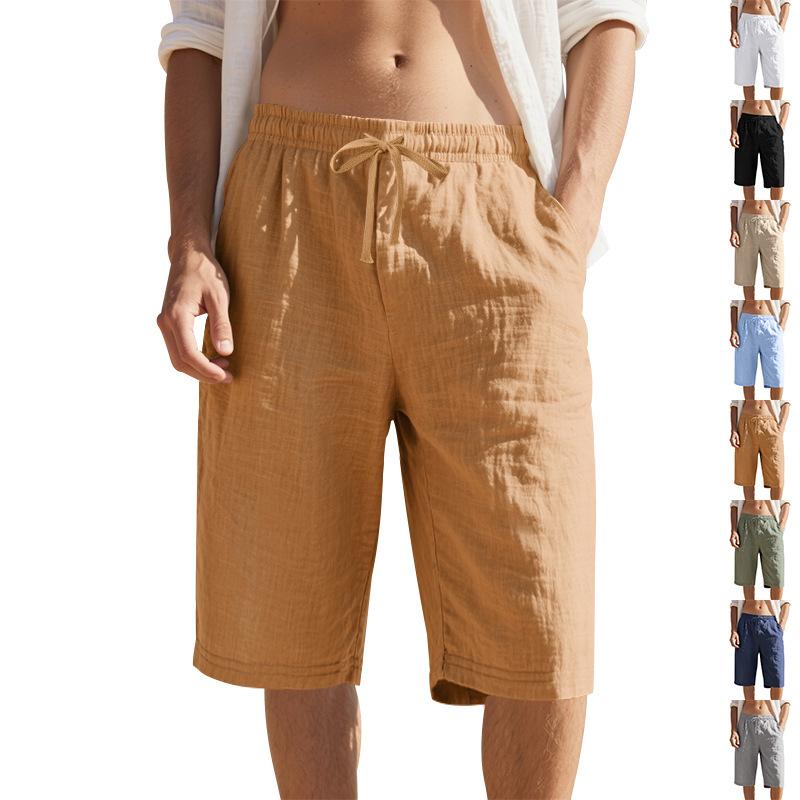 Herren Leinen Shorts Elastischer Bund Schnelltrocknende Shorts Herren Einfarbige Atmungsaktive Wadenlange Hose Mann Leichte Tägliche Strandshorts Sommerhosen