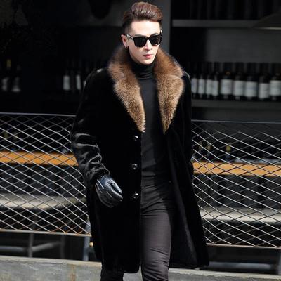 Winter Men's Warm Handsome Fashion Coat Mink Fur Coat Suit Collar Fur Mid-length Jacket Loose Single-breasted Jacket Parka Coat