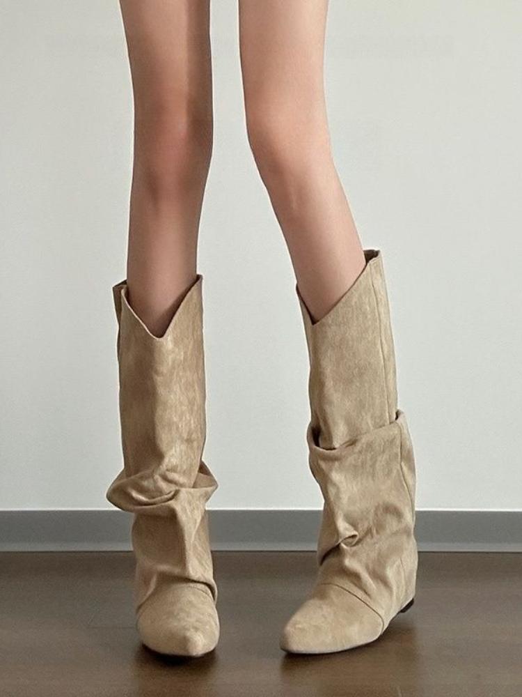 Fashion Khaki High Heels Pointed Toe Long Boots for Women Spring Autumn Trend 2025 Comfortable and Elegant Knee High Shaft Shoes Woman