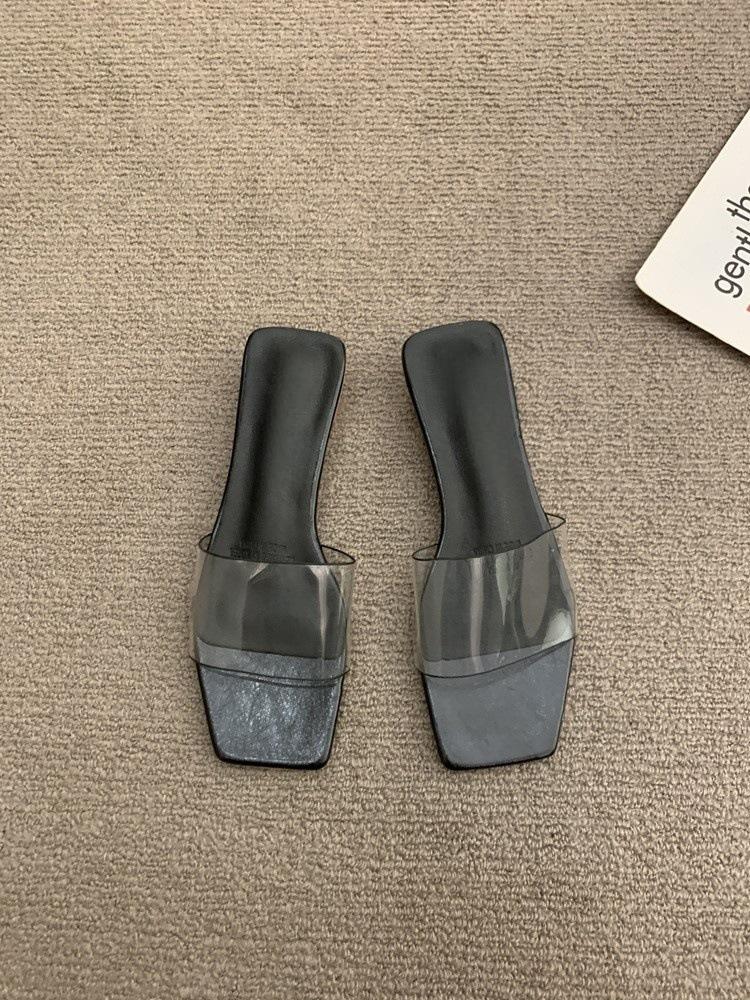 

2025 summer new transparent with one-word slippers women wear thick heels fairy wind sandals silver sandals 35 чёрный