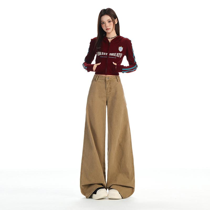 Army green utility jeans for women, new autumn American low-rise loose straight-leg versatile wide-leg pants