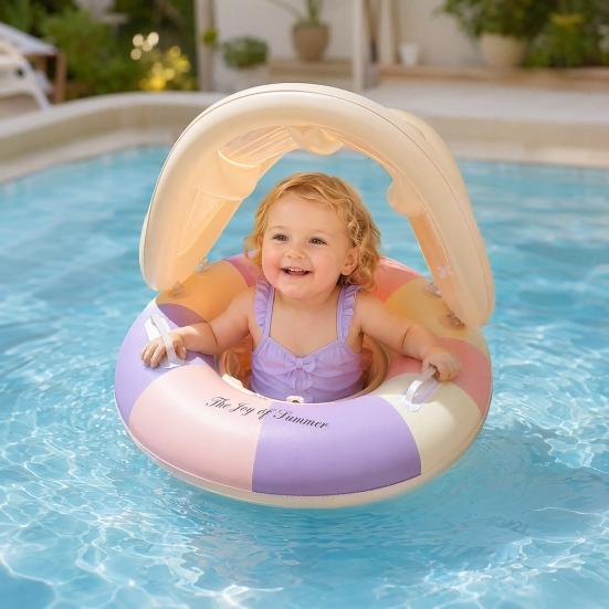 Baby Pool Float with Canopy Vintage Striped Inflatable Swim Ring with Safety Seat