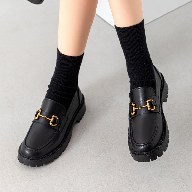 Whole cowhide~ genuine leather thick-soled women's spring new small gold buckle retro small leather shoes women