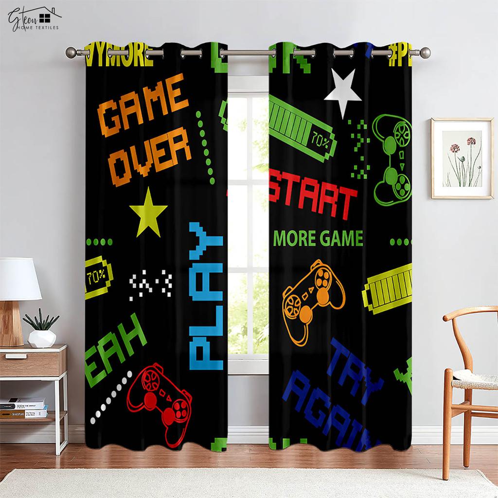 Cool Game Controller Printed Curtains Suitable For Children's Room Bedroom Game Room E-Sports Room Decorative Curtains 2 Pieces