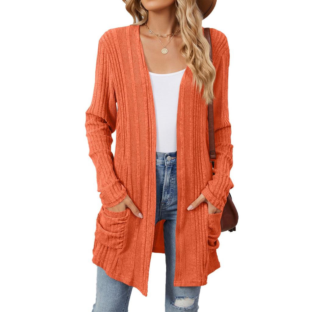 Autumn and Winter New Pit Stripes Long-sleeved Pockets Casual Solid Color Cardigan Jacket Long Cardigan Women Tops Kawaii Sweater