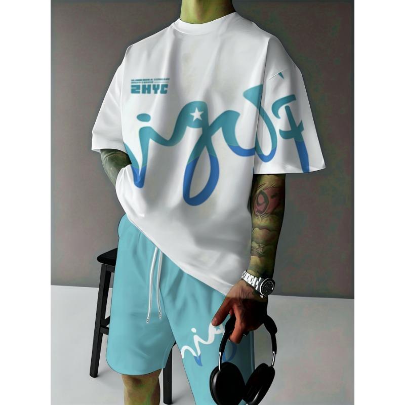 Men's Casual Short Sleeve + Shorts Set, 2 Piece Men's Printed Crew Neck Short Sleeve and Shorts Set, Summer Graphic T-shirt Streetwear, Trendy Design