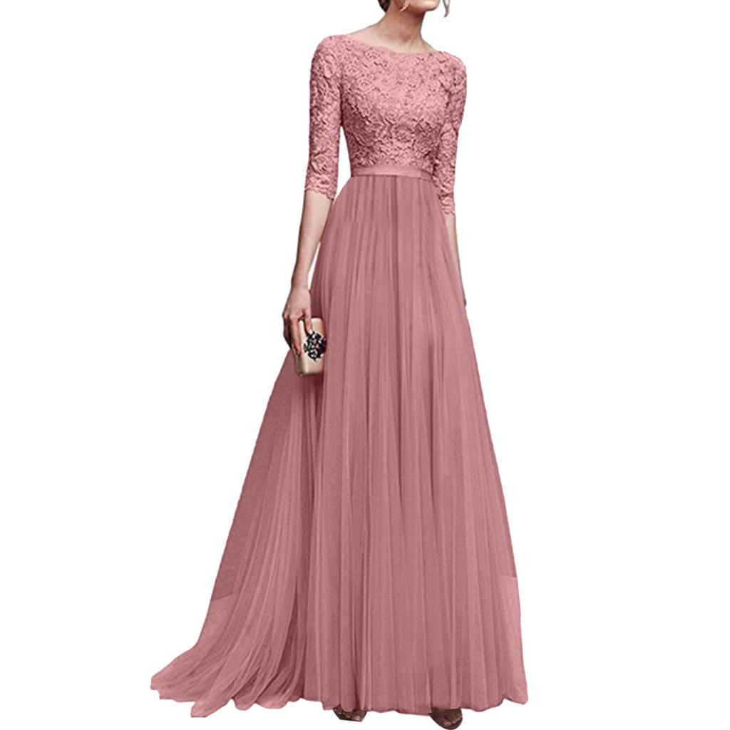 Frauen Sommer Casual Einfarbig O-ansatz Zurück Zipper Mid-hülse Nähte Spitze Mesh Mit A-linie Abendkleid